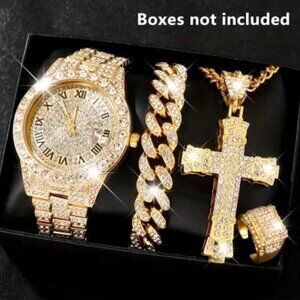 4pcs Men'S Quartz Watch Set with Rhinestone Embellishments - Round Alloy Case,